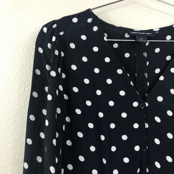 Something Navy Polka Dot Oversized Balloon Sleeve Button Down Size XS - Picture 3 of 8